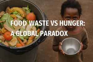 Contrast of overflowing food waste bins and malnourished children highlighting global hunger paradox