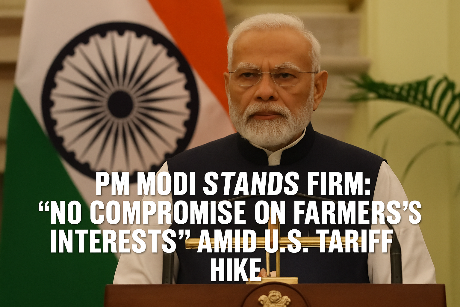 Indian Prime Minister Narendra Modi stands firm during a press address, pledging no compromise on farmers' interests amid US President Trump's 50% tariff on Indian goods.